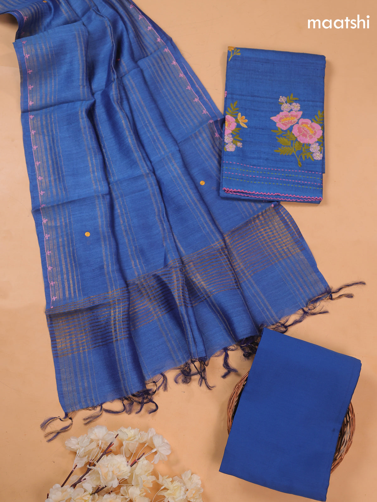 Blue Pure Tussar Dress Material With Floral Embroidery Work Buttas