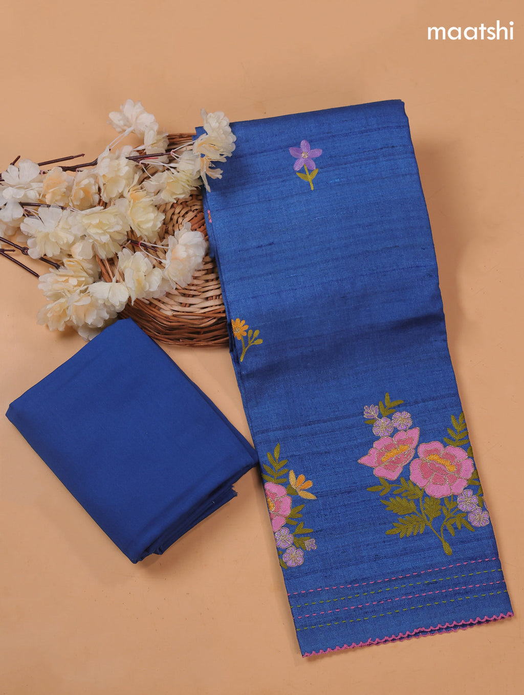 Blue Pure Tussar Dress Material With Floral Embroidery Work Buttas