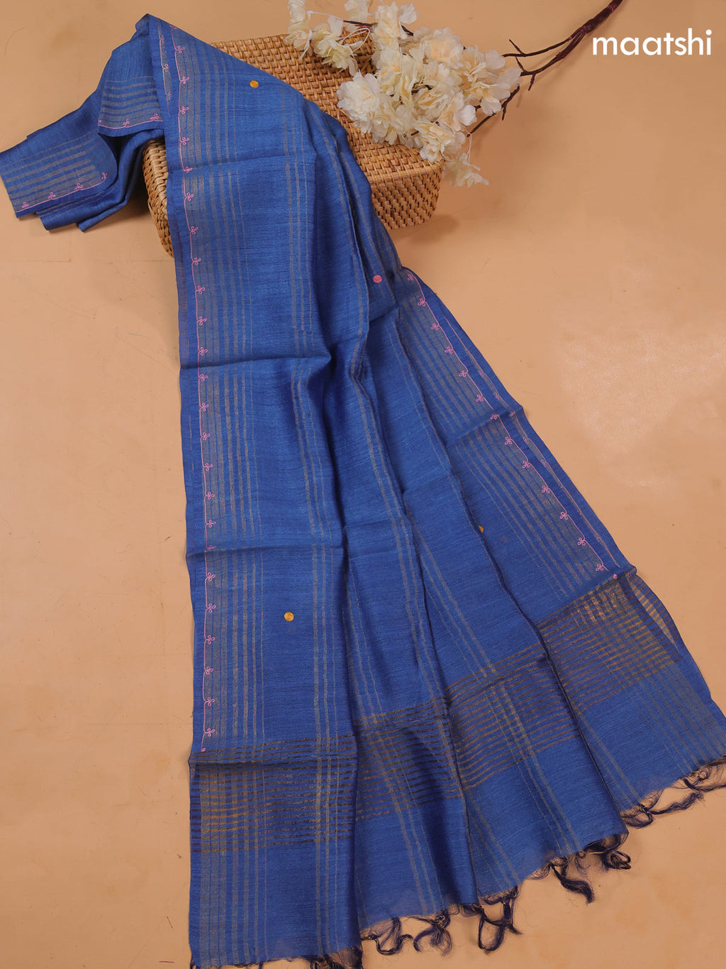Blue Pure Tussar Dress Material With Floral Embroidery Work Buttas