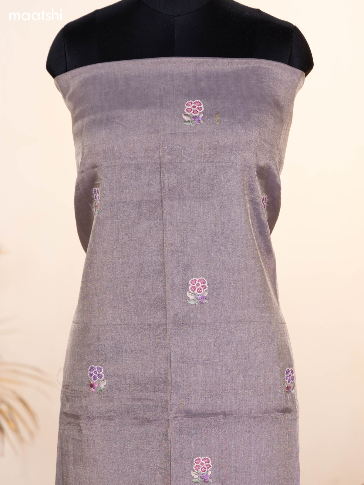 Pastel Brown Tissue Silk Dress Material With Floral Embroidery Work Border and Bottom & Dupatta