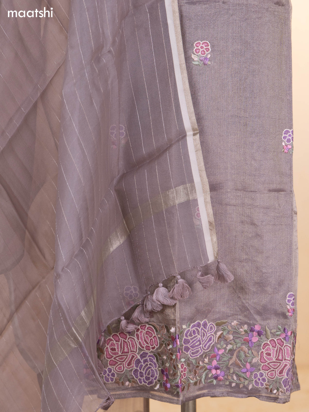 Pastel Brown Tissue Silk Dress Material With Floral Embroidery Work Border and Bottom & Dupatta