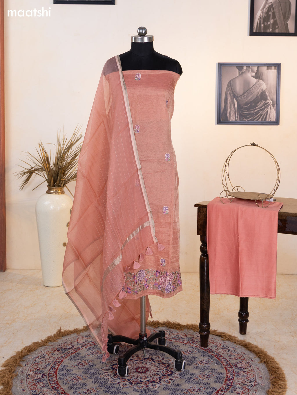 Peach Pink Tissue Silk Dress Material With Floral Embroidery Work Border and Bottom & Dupatta