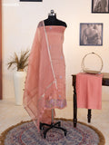 Peach Pink Tissue Silk Dress Material With Floral Embroidery Work Border and Bottom & Dupatta