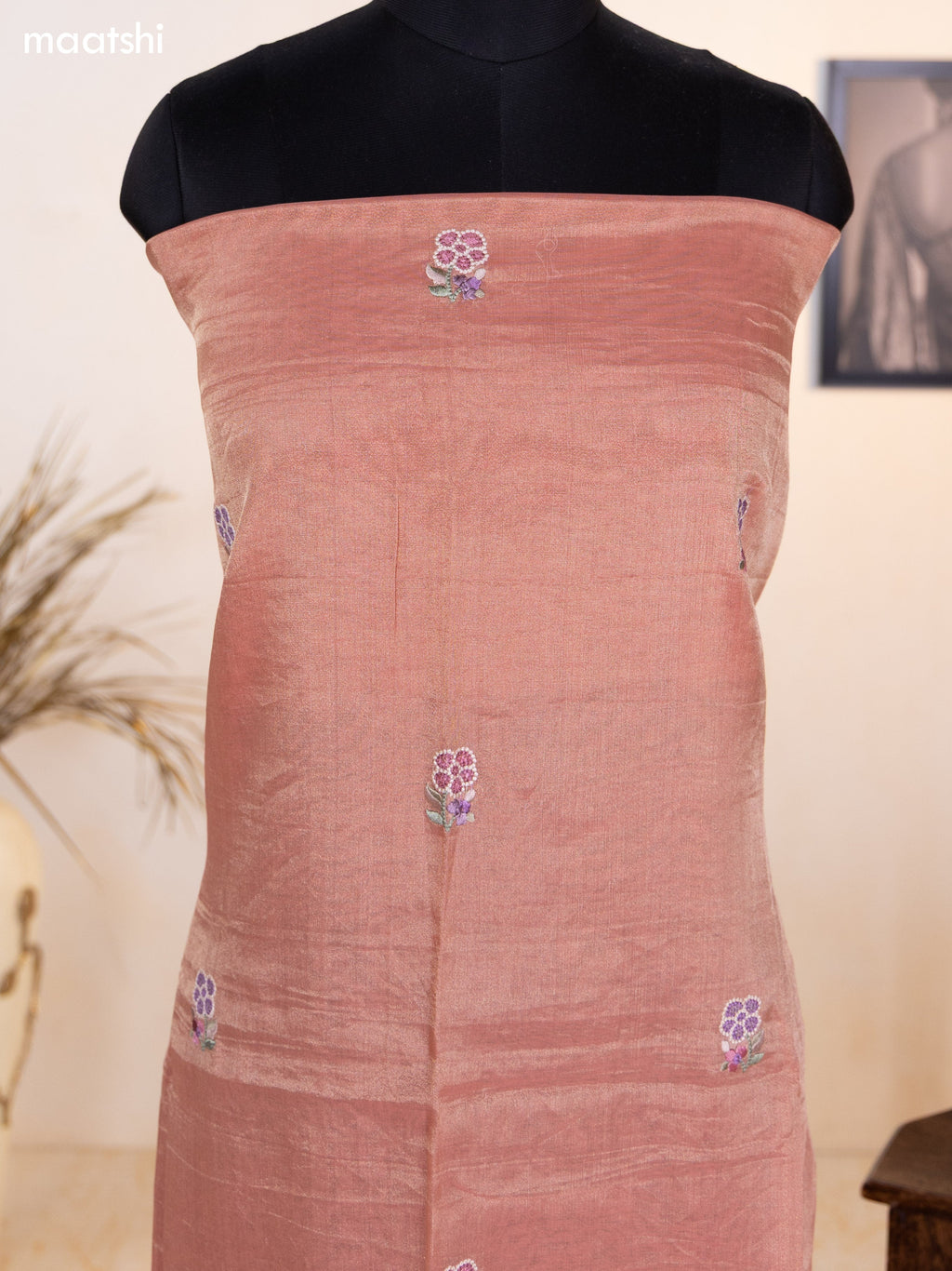 Peach Pink Tissue Silk Dress Material With Floral Embroidery Work Border and Bottom & Dupatta