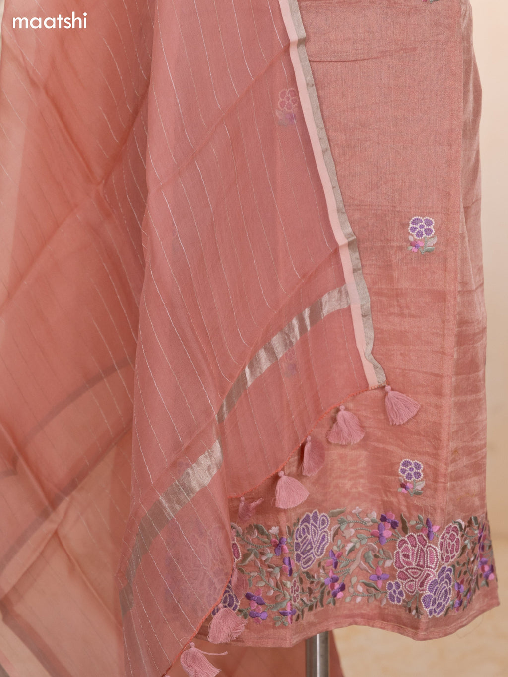 Peach Pink Tissue Silk Dress Material With Floral Embroidery Work Border and Bottom & Dupatta