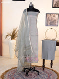 Grey Tissue Silk Dress Material With Floral Embroidery Work Border and Bottom & Dupatta