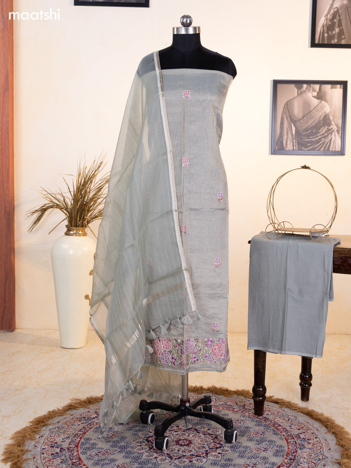 Grey Tissue Silk Dress Material With Floral Embroidery Work Border and Bottom & Dupatta