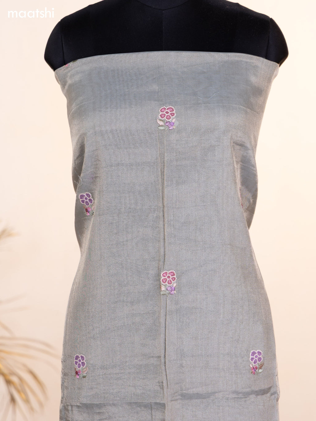 Grey Tissue Silk Dress Material With Floral Embroidery Work Border and Bottom & Dupatta