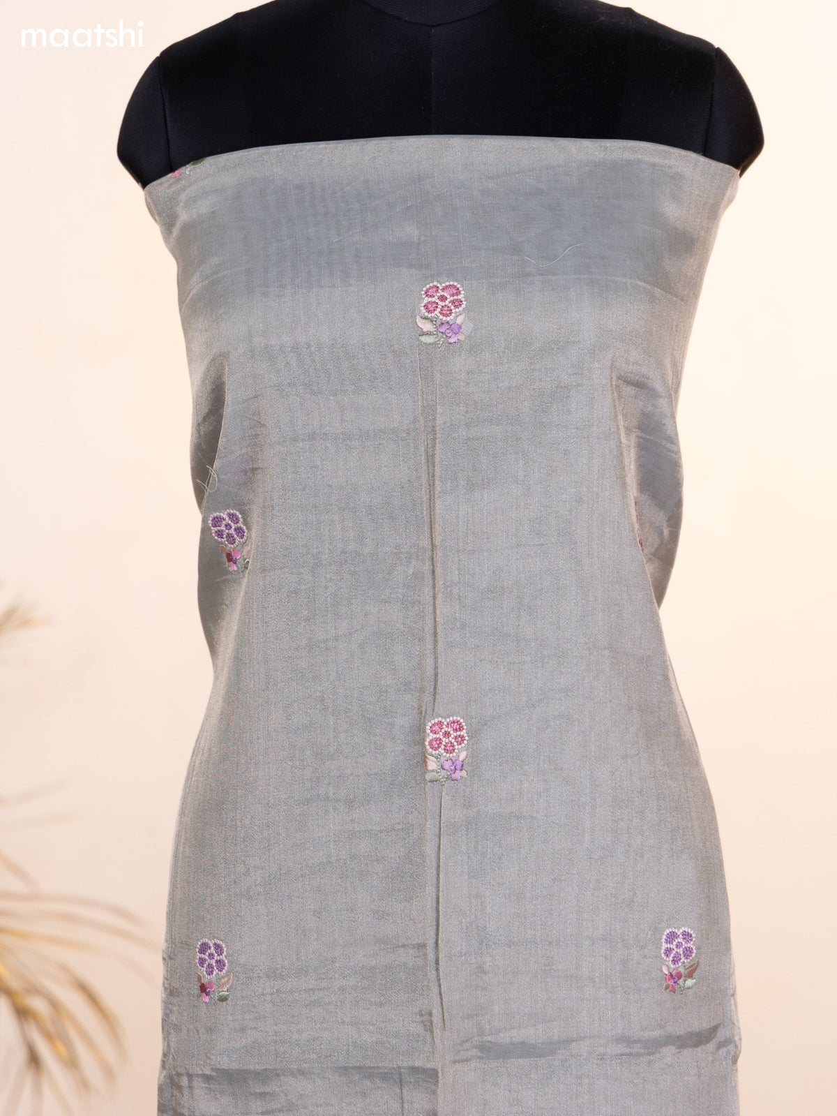 Grey Tissue Silk Dress Material With Floral Embroidery Work Border and Bottom & Dupatta