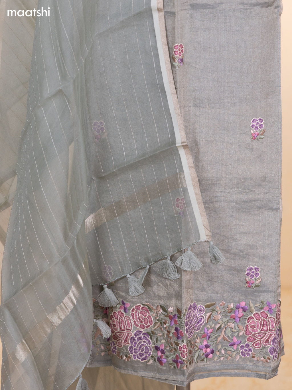 Grey Tissue Silk Dress Material With Floral Embroidery Work Border and Bottom & Dupatta