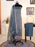 Dark Grey Tissue Silk Dress Material With Floral Embroidery Work Border and Bottom & Dupatta
