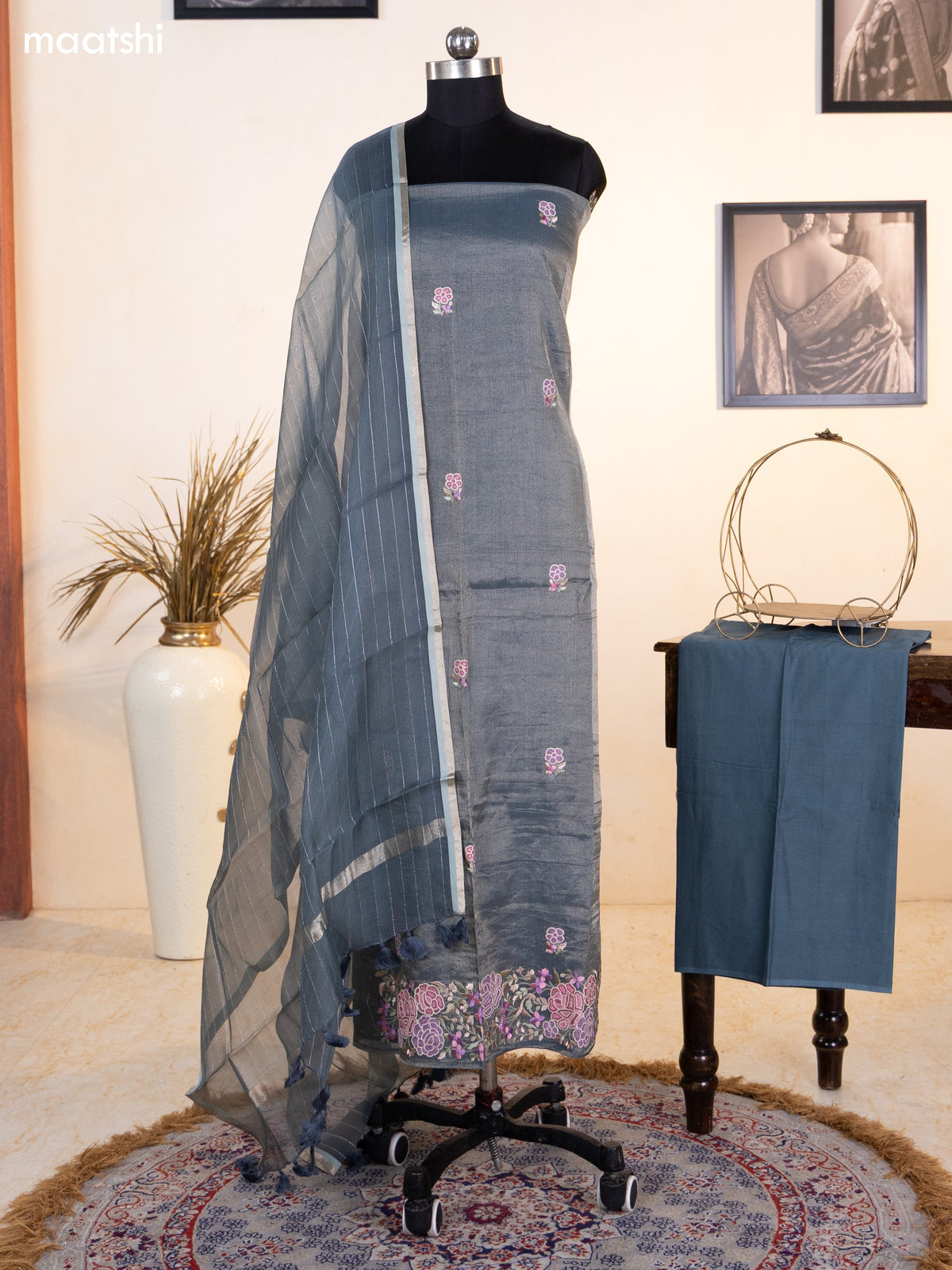 Dark Grey Tissue Silk Dress Material With Floral Embroidery Work Border and Bottom & Dupatta