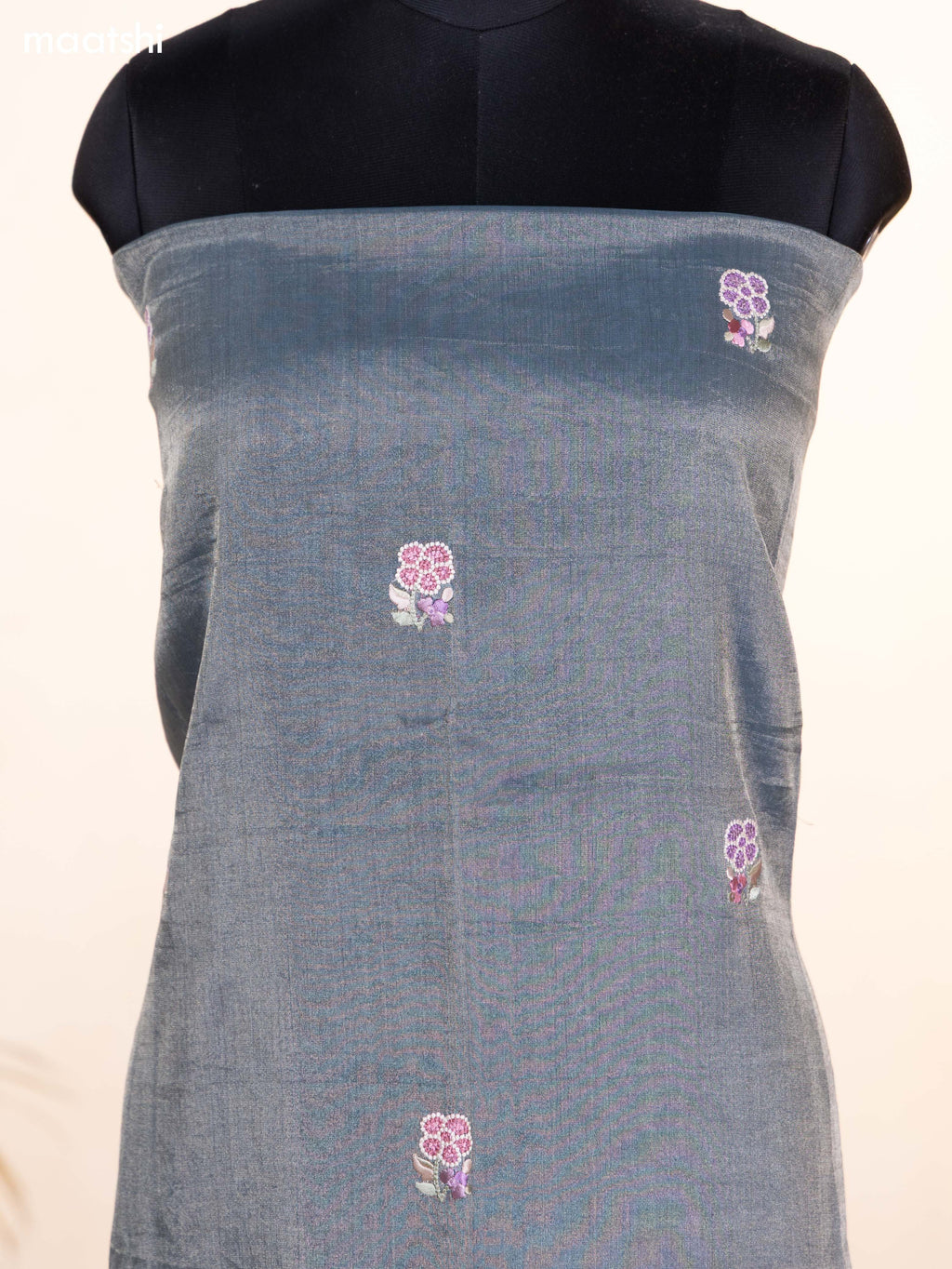 Dark Grey Tissue Silk Dress Material With Floral Embroidery Work Border and Bottom & Dupatta