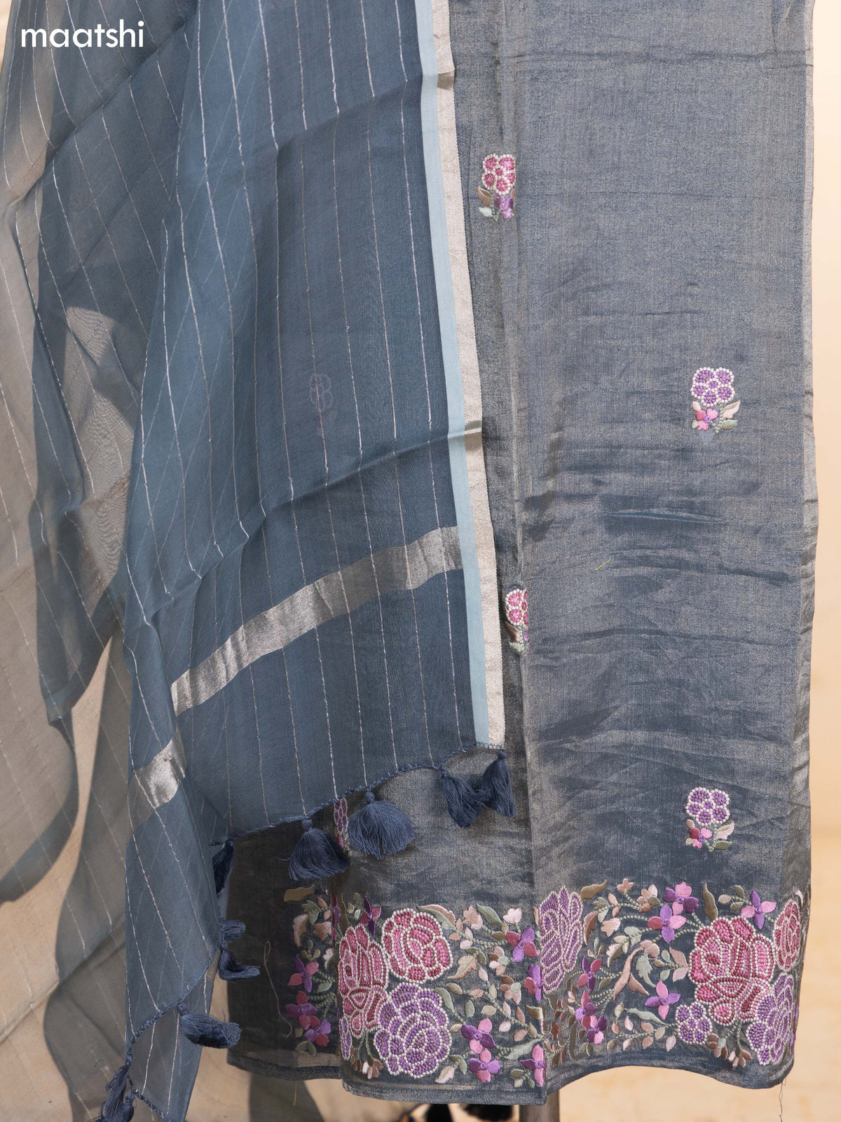 Dark Grey Tissue Silk Dress Material With Floral Embroidery Work Border and Bottom & Dupatta
