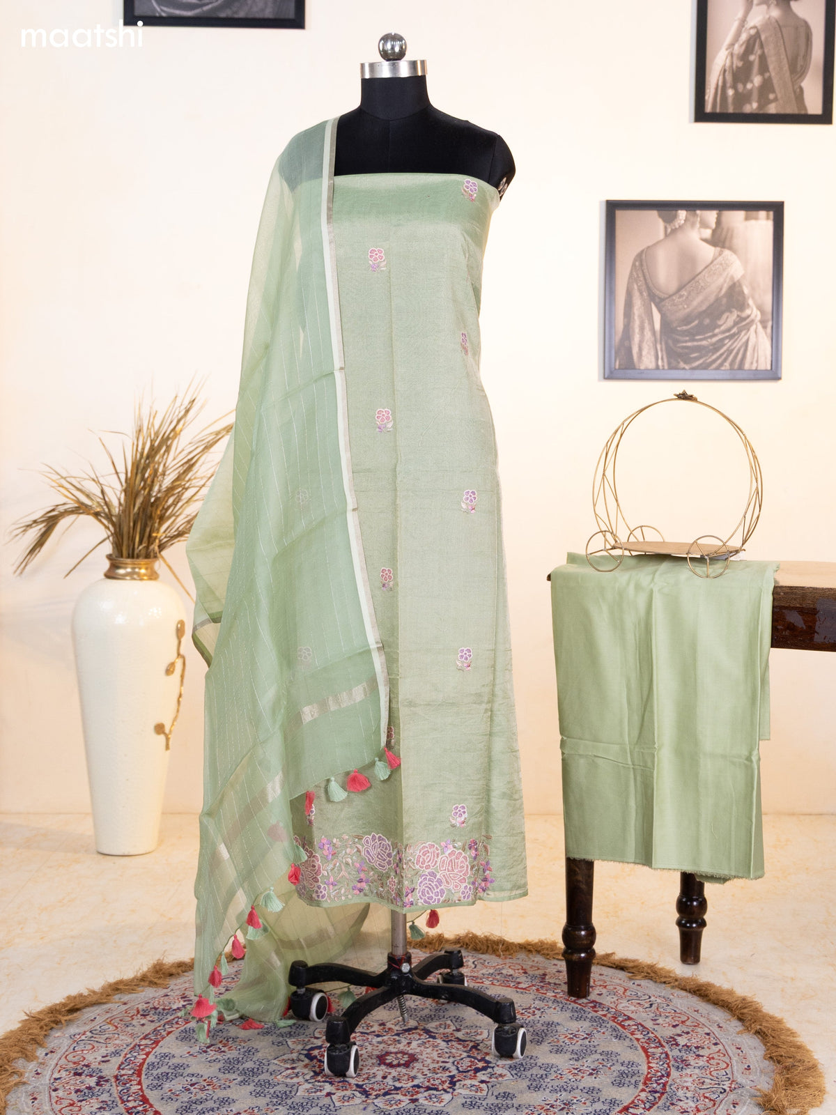 Pastel Green Tissue Silk Dress Material With Floral Embroidery Work Border and Bottom & Dupatta