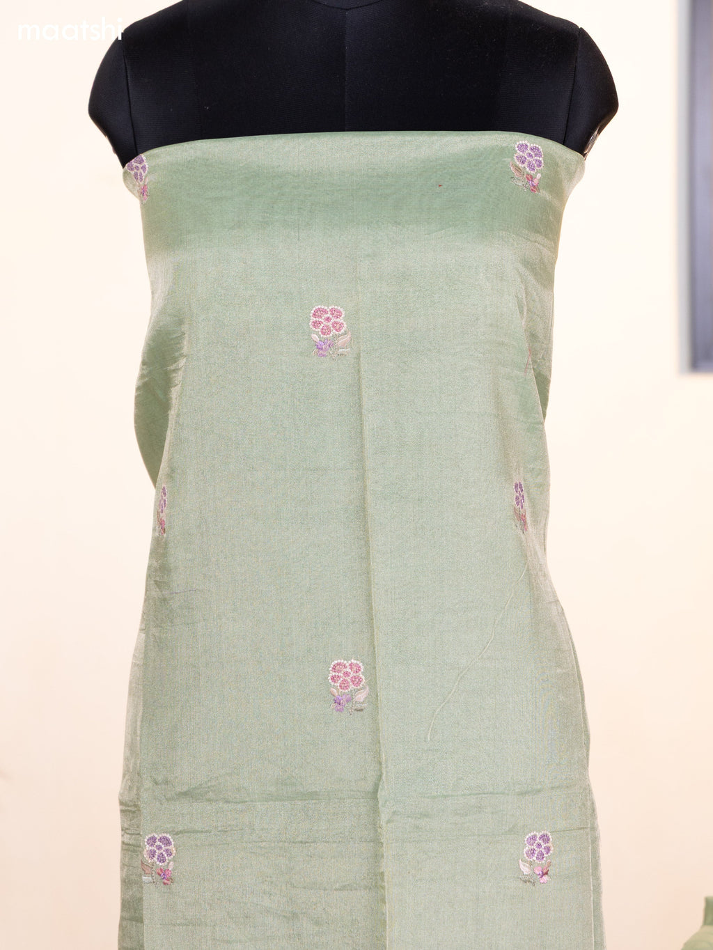 Pastel Green Tissue Silk Dress Material With Floral Embroidery Work Border and Bottom & Dupatta