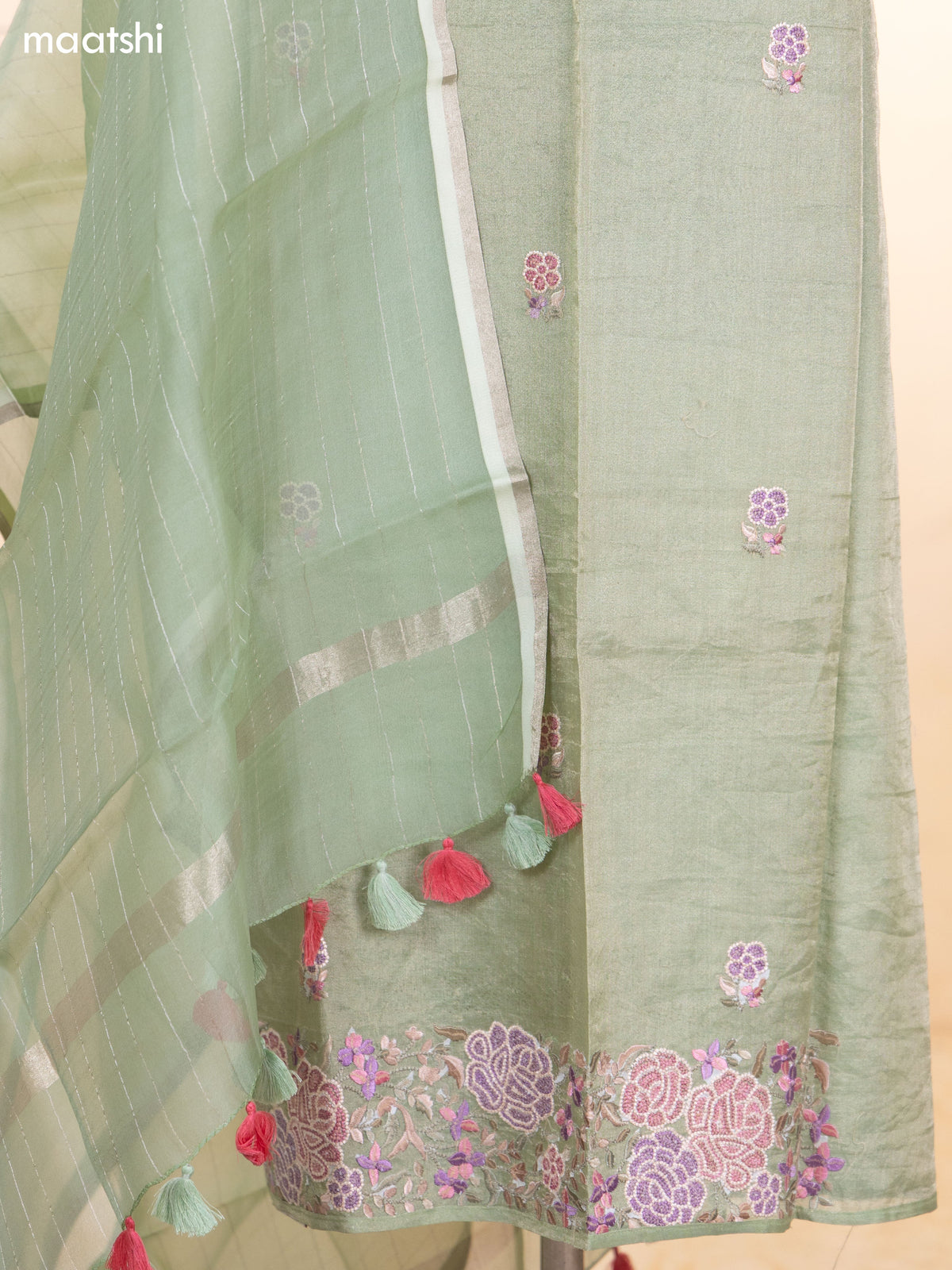 Pastel Green Tissue Silk Dress Material With Floral Embroidery Work Border and Bottom & Dupatta