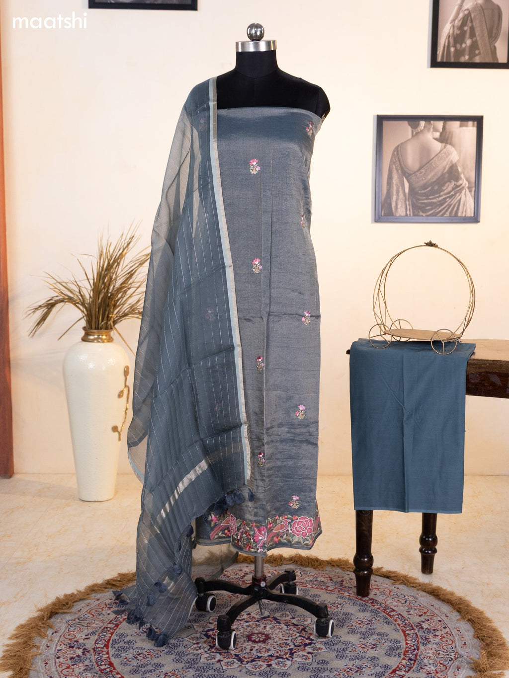 Dark Grey Tissue Silk Dress Material With Floral Embroidery Work Border and Bottom & Dupatta