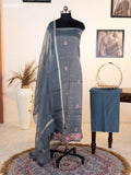 Dark Grey Tissue Silk Dress Material With Floral Embroidery Work Border and Bottom & Dupatta