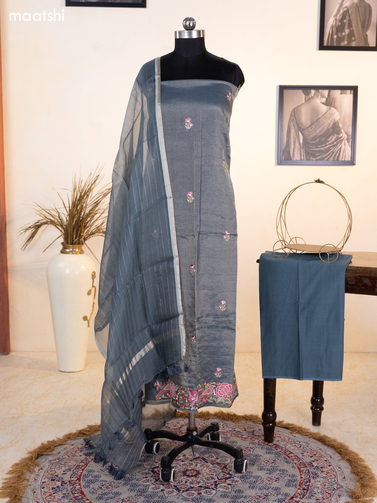 Dark Grey Tissue Silk Dress Material With Floral Embroidery Work Border and Bottom & Dupatta