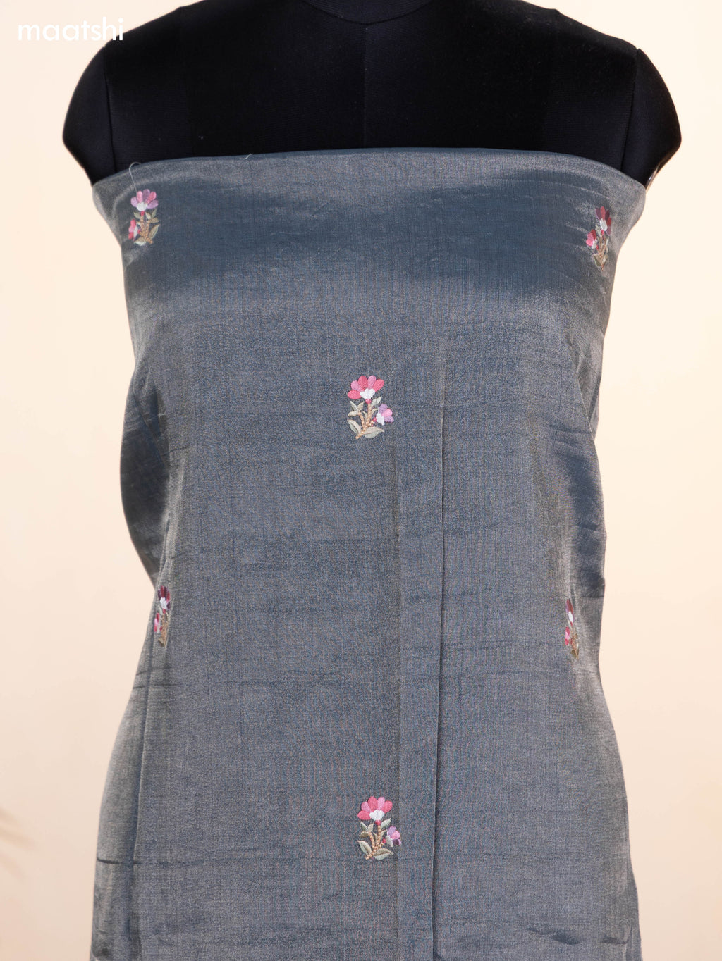 Dark Grey Tissue Silk Dress Material With Floral Embroidery Work Border and Bottom & Dupatta