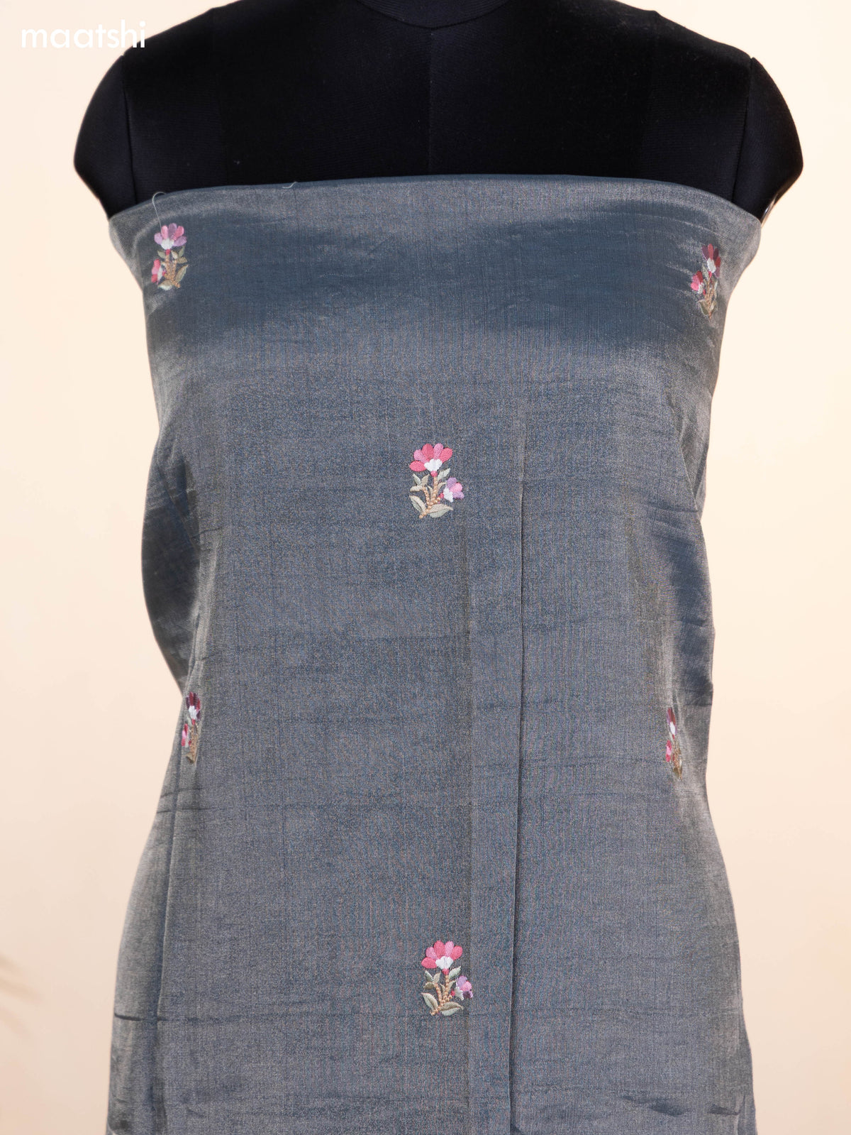 Dark Grey Tissue Silk Dress Material With Floral Embroidery Work Border and Bottom & Dupatta