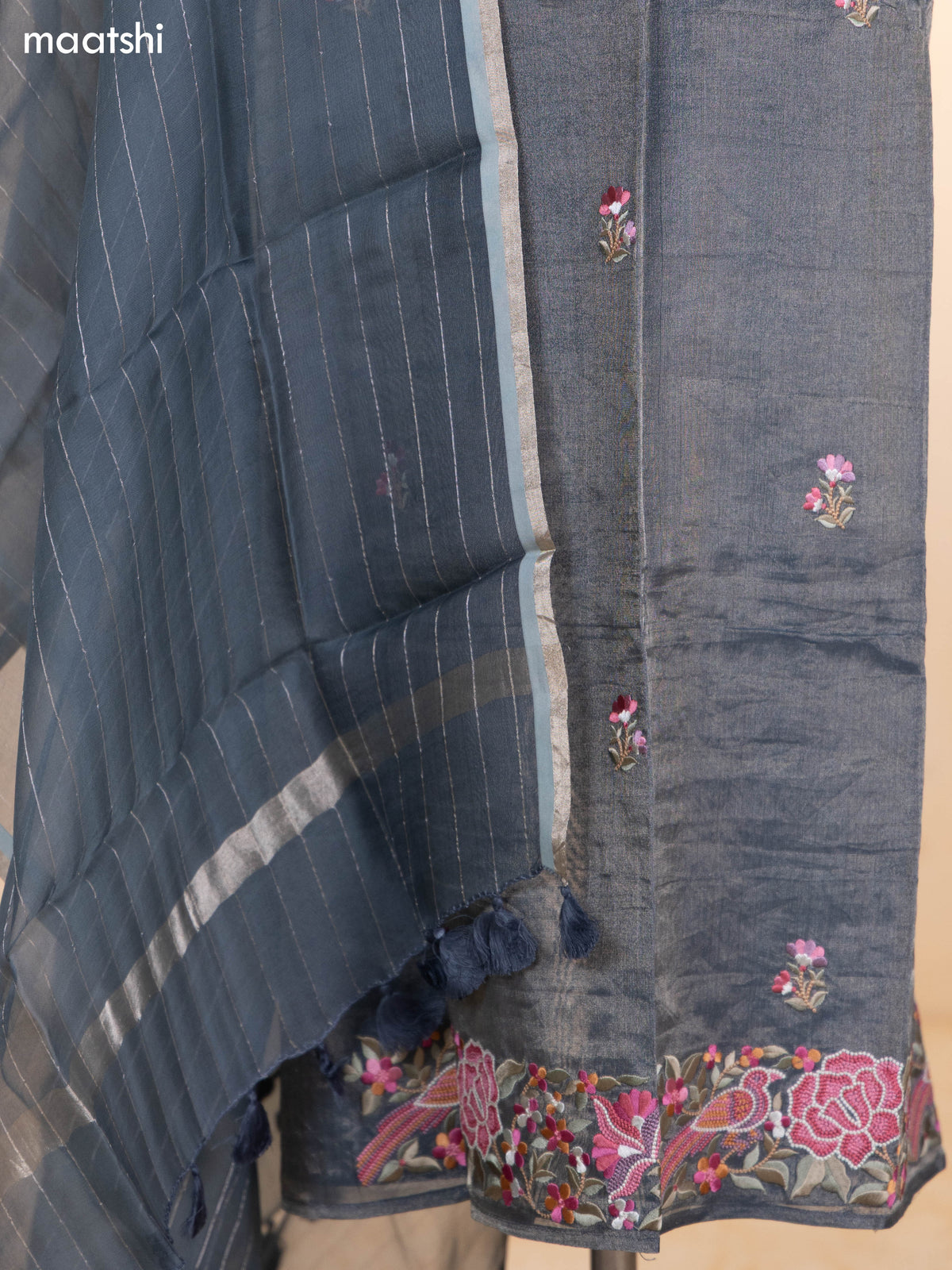 Dark Grey Tissue Silk Dress Material With Floral Embroidery Work Border and Bottom & Dupatta