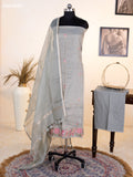 Grey Tissue Silk Dress Material With Floral Embroidery Work Border and Bottom & Dupatta