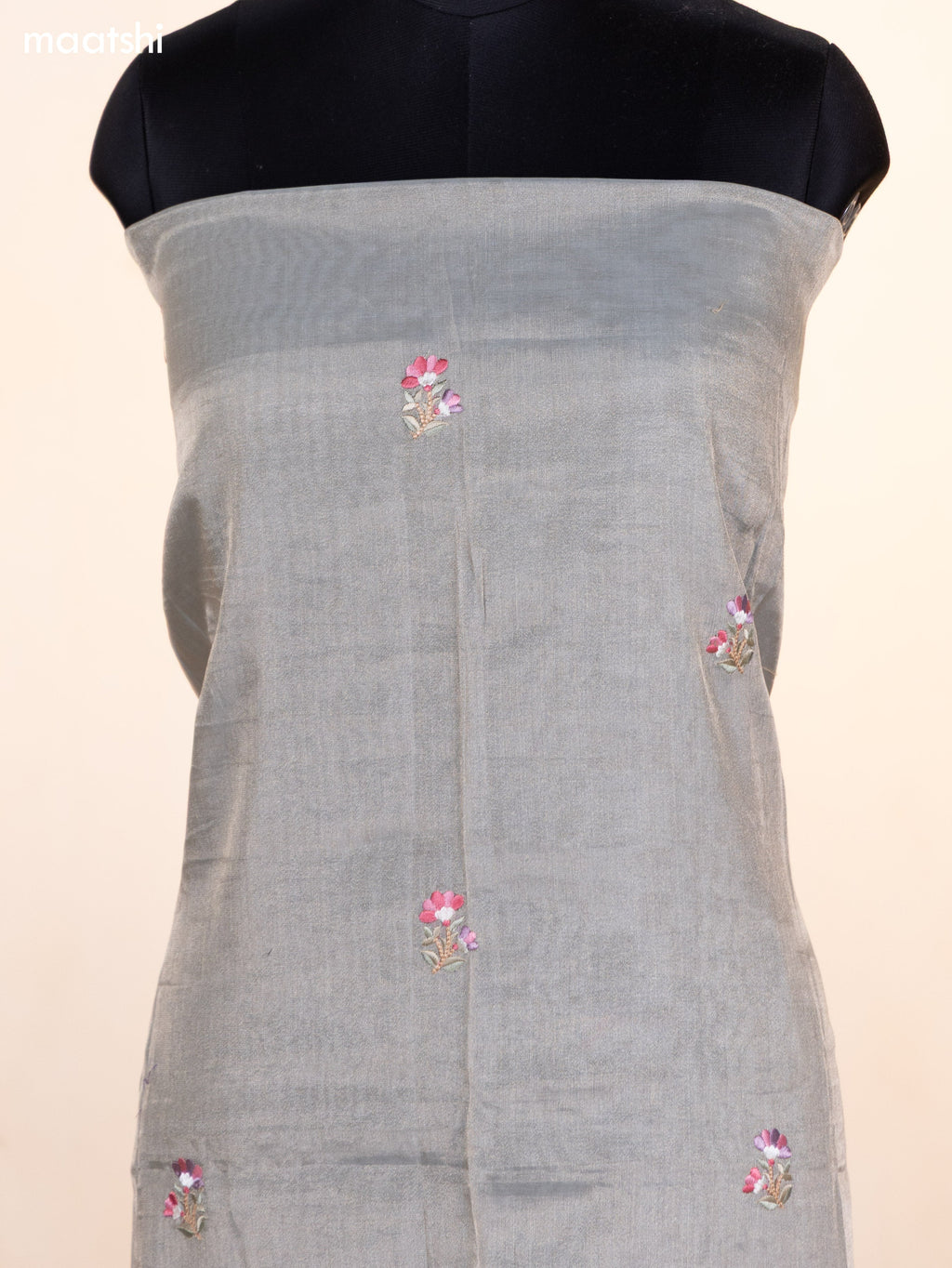 Grey Tissue Silk Dress Material With Floral Embroidery Work Border and Bottom & Dupatta