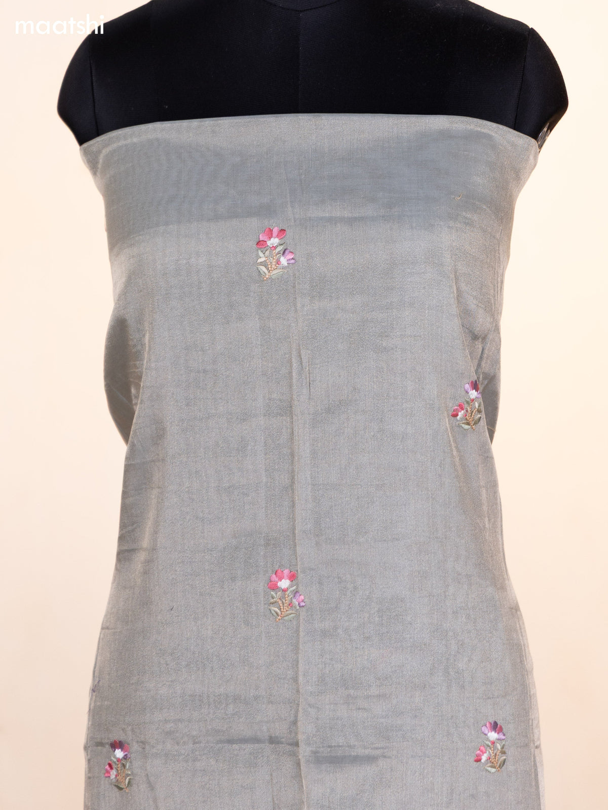 Grey Tissue Silk Dress Material With Floral Embroidery Work Border and Bottom & Dupatta