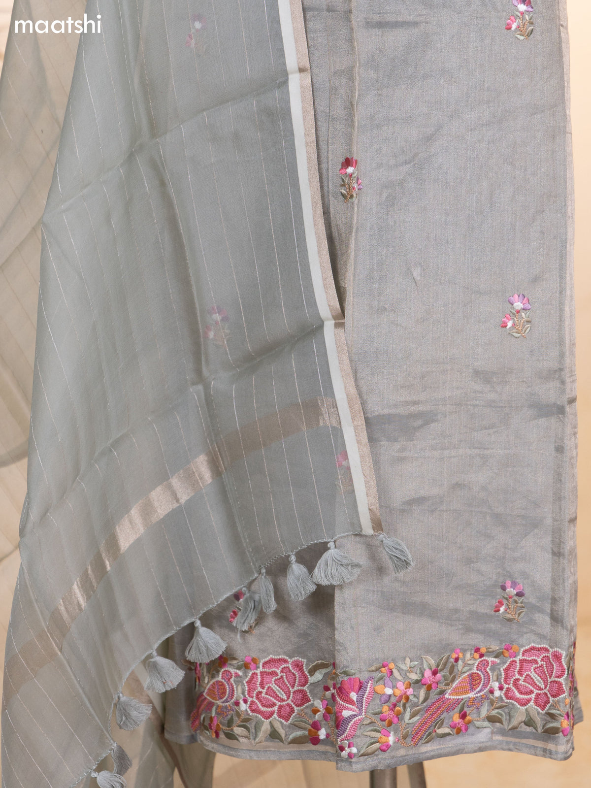 Grey Tissue Silk Dress Material With Floral Embroidery Work Border and Bottom & Dupatta