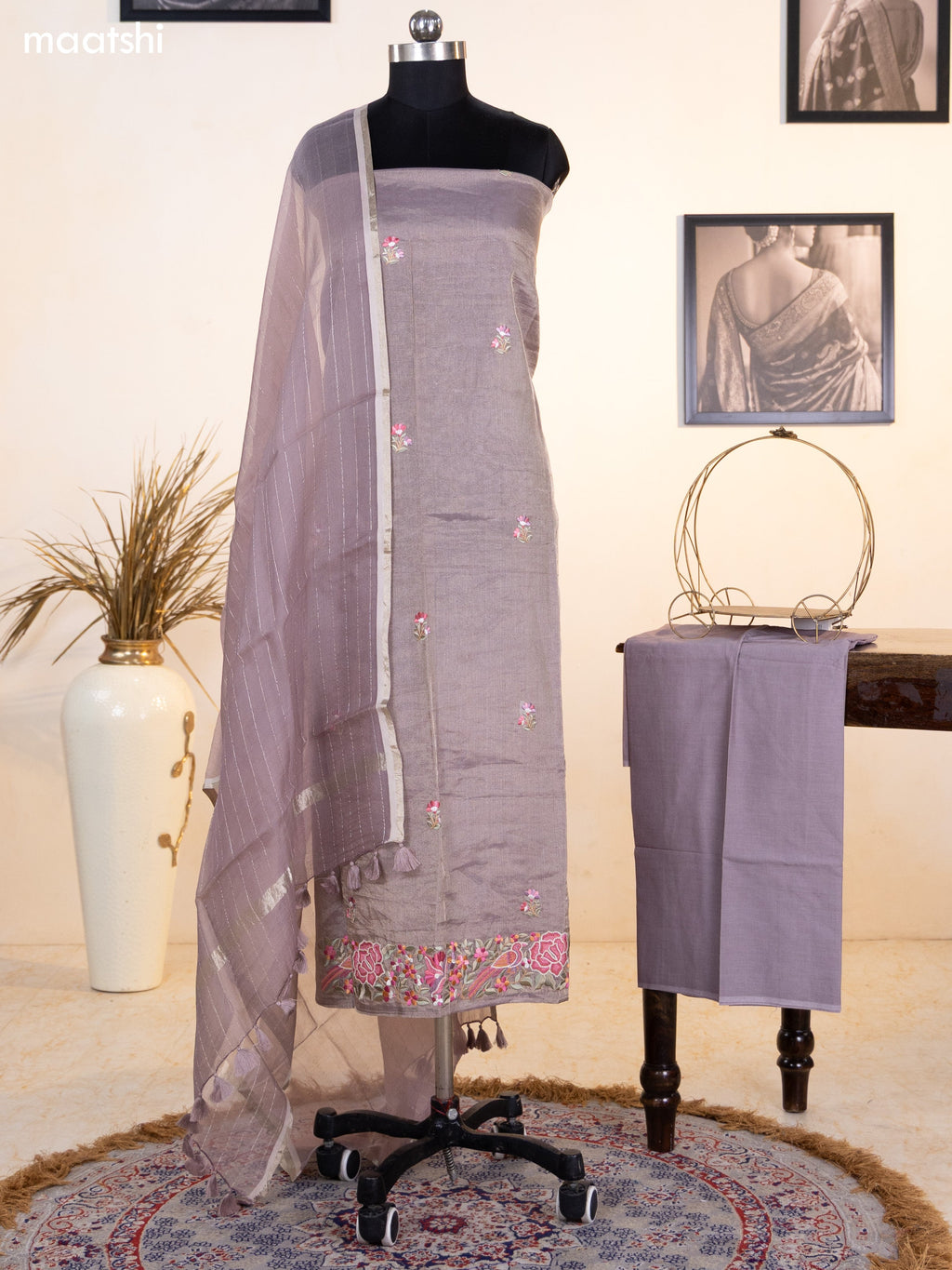 Pastel Brown Tissue Silk Dress Material With Floral Embroidery Work Border and Bottom & Dupatta
