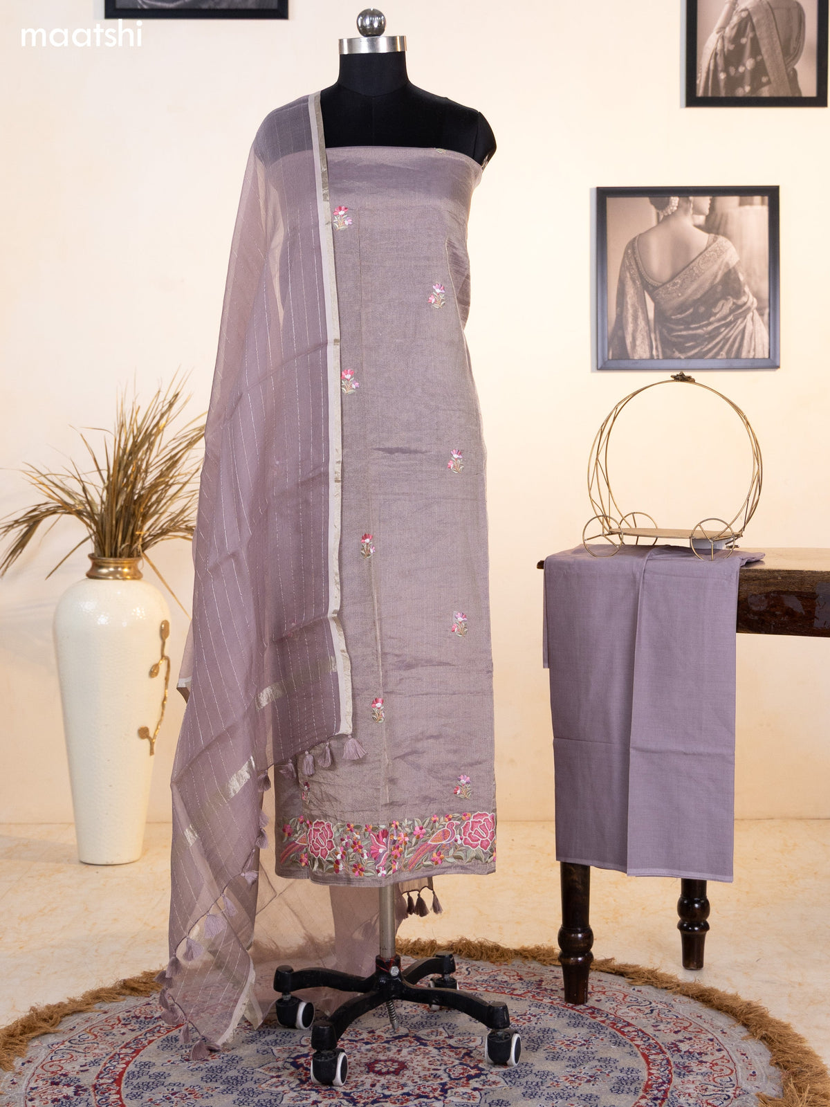 Pastel Brown Tissue Silk Dress Material With Floral Embroidery Work Border and Bottom & Dupatta