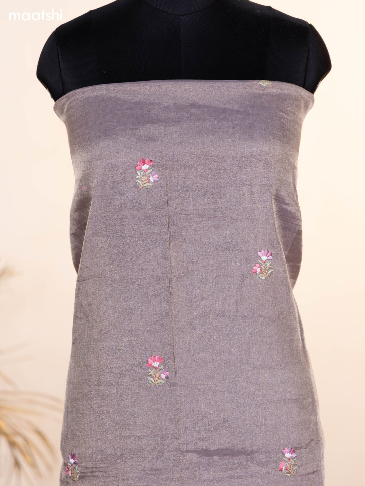 Pastel Brown Tissue Silk Dress Material With Floral Embroidery Work Border and Bottom & Dupatta