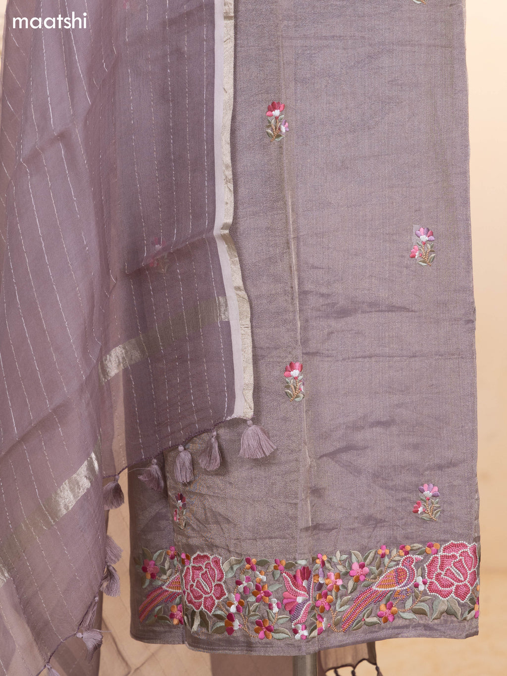 Pastel Brown Tissue Silk Dress Material With Floral Embroidery Work Border and Bottom & Dupatta