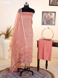 Peach Pink Tissue Silk Dress Material With Floral Embroidery Work Border and Bottom & Dupatta
