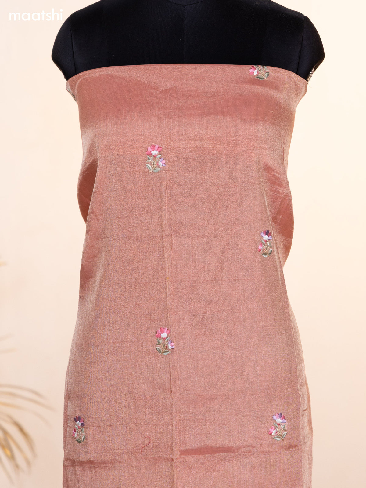 Peach Pink Tissue Silk Dress Material With Floral Embroidery Work Border and Bottom & Dupatta