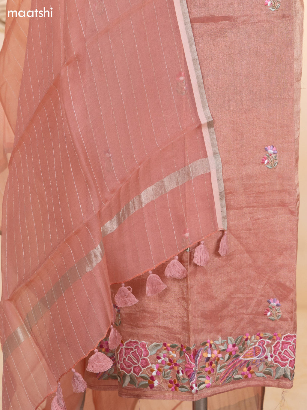 Peach Pink Tissue Silk Dress Material With Floral Embroidery Work Border and Bottom & Dupatta