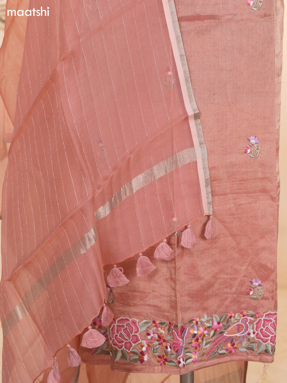 Peach Pink Tissue Silk Dress Material With Floral Embroidery Work Border and Bottom & Dupatta