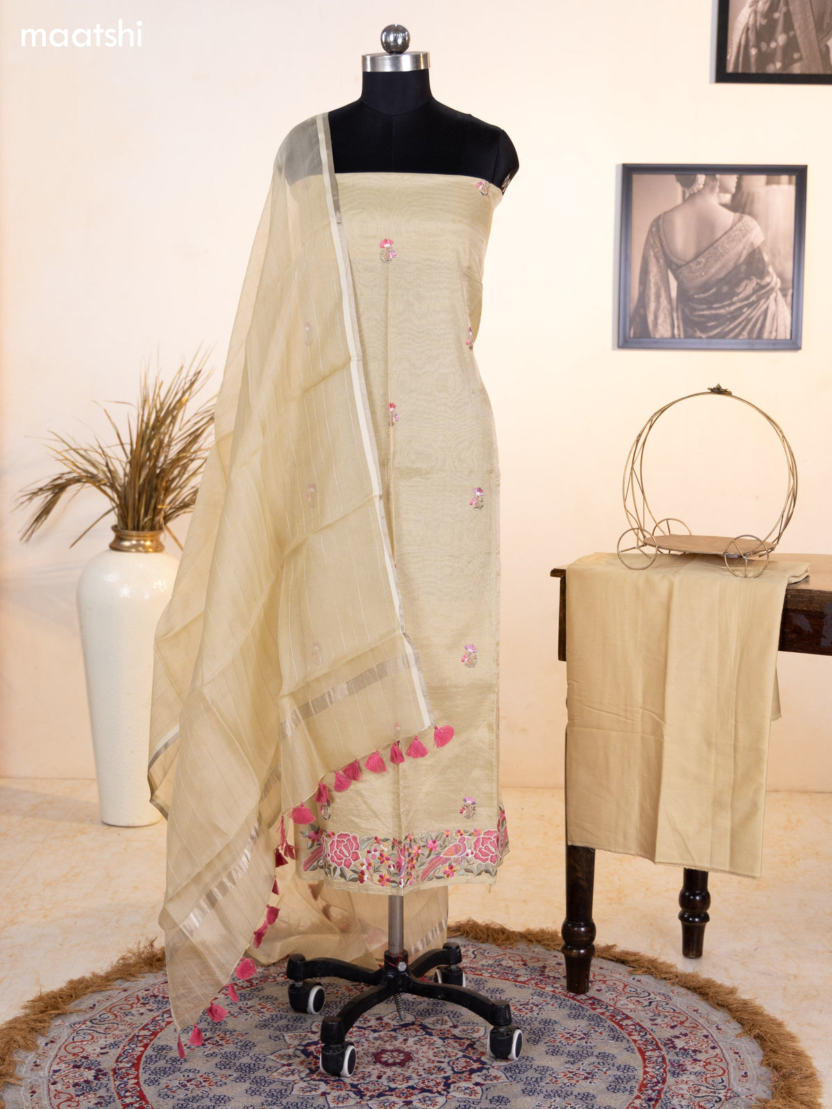 Pastel Yellow Tissue Silk Dress Material With Floral Embroidery Work Border and Bottom & Dupatta