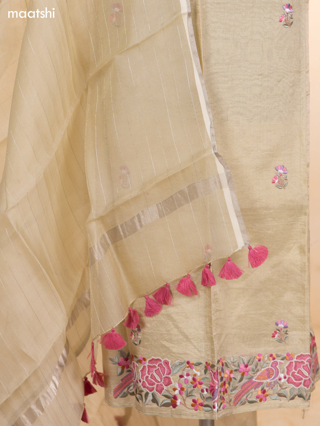 Pastel Yellow Tissue Silk Dress Material With Floral Embroidery Work Border and Bottom & Dupatta