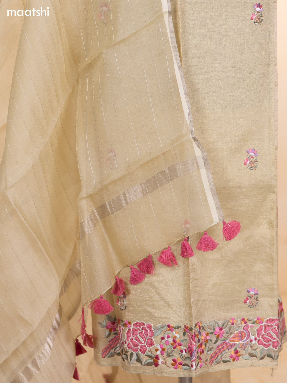 Pastel Yellow Tissue Silk Dress Material With Floral Embroidery Work Border and Bottom & Dupatta
