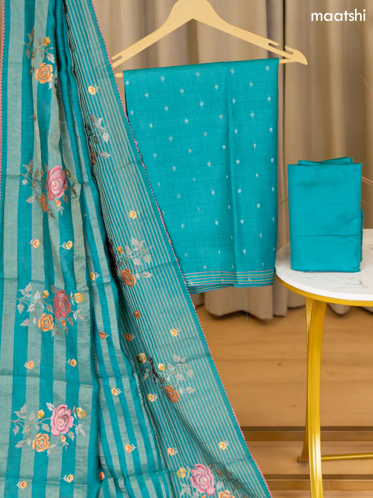 Teal Blue Munga Tussar Dress Material With Zari Woven Buttas and Bottom & Dupatta