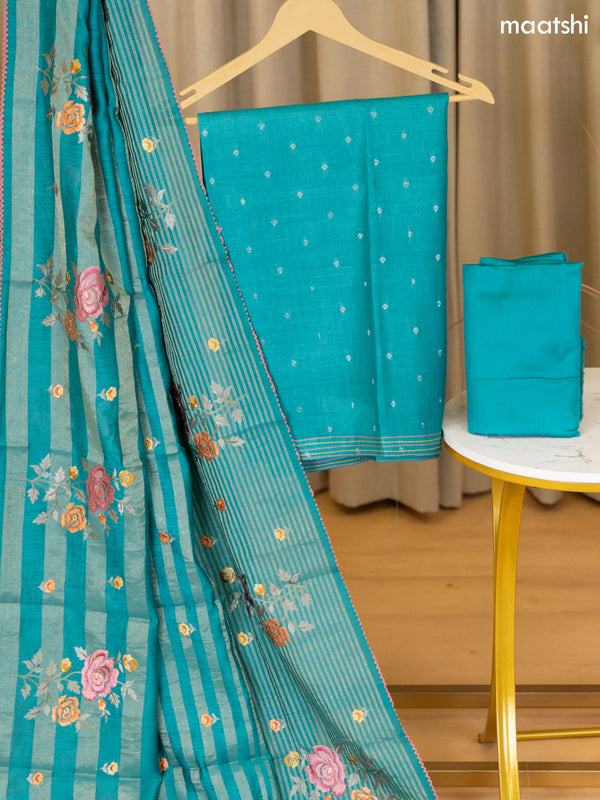 Teal Blue Munga Tussar Dress Material With Zari Woven Buttas and Bottom & Dupatta