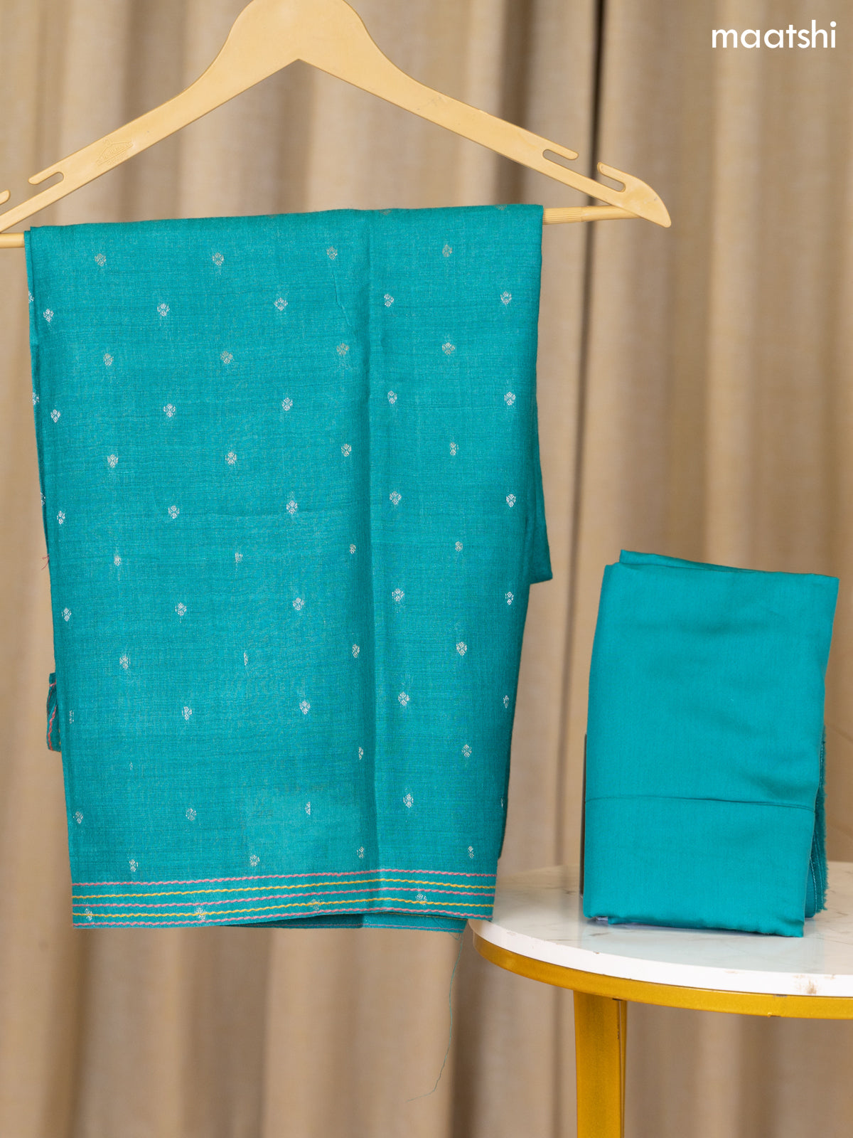 Teal Blue Munga Tussar Dress Material With Zari Woven Buttas and Bottom & Dupatta
