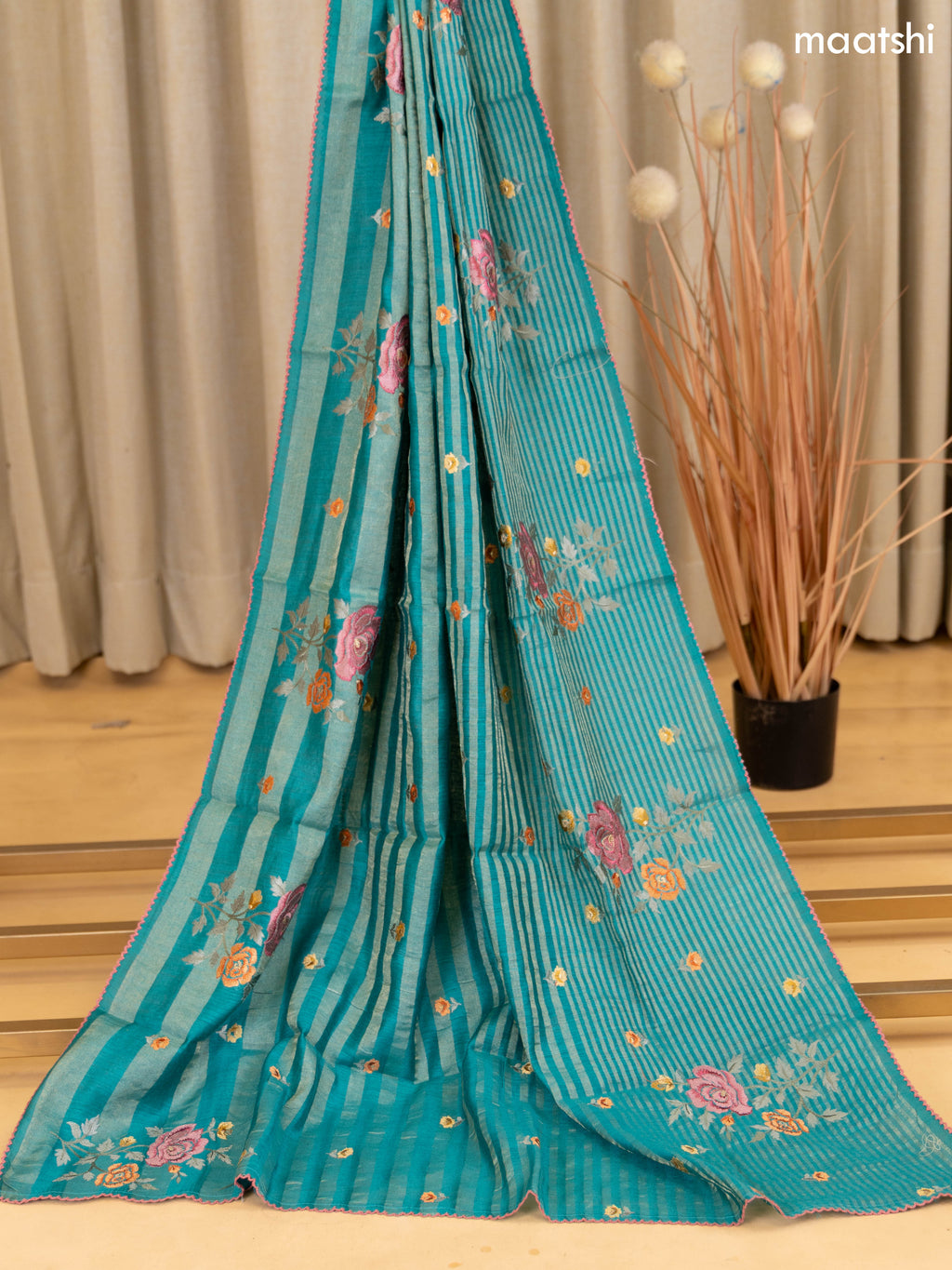 Teal Blue Munga Tussar Dress Material With Zari Woven Buttas and Bottom & Dupatta