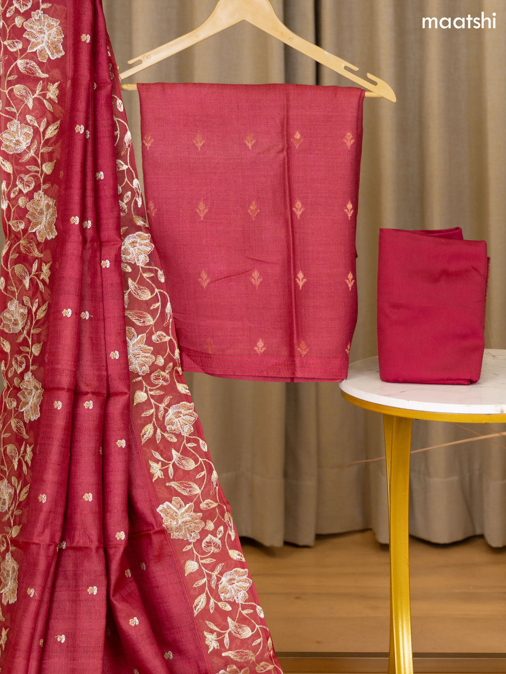 Rani Pink Munga Tussar Dress Material With Copper Zari Woven Buttas and Bottom & Zari Work Dupatta