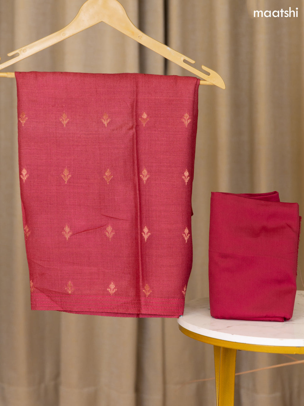 Rani Pink Munga Tussar Dress Material With Copper Zari Woven Buttas and Bottom & Zari Work Dupatta