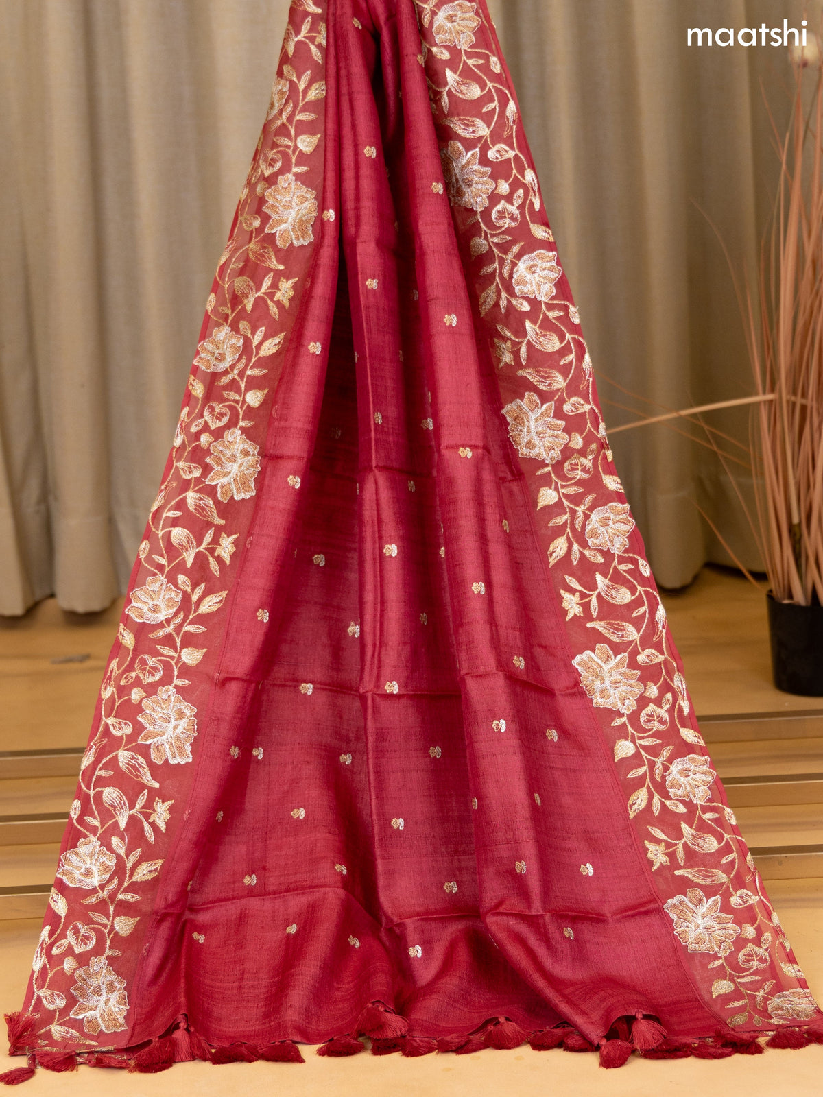 Rani Pink Munga Tussar Dress Material With Copper Zari Woven Buttas and Bottom & Zari Work Dupatta