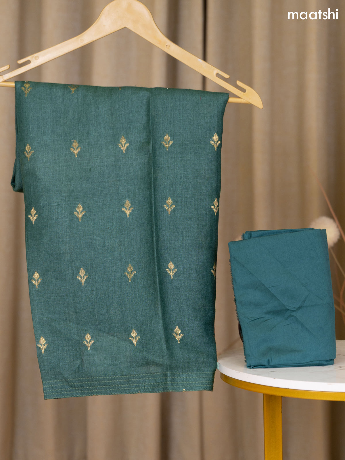 Green Munga Tussar Dress Material With Zari Woven Buttas and Bottom & Zari Work Dupatta
